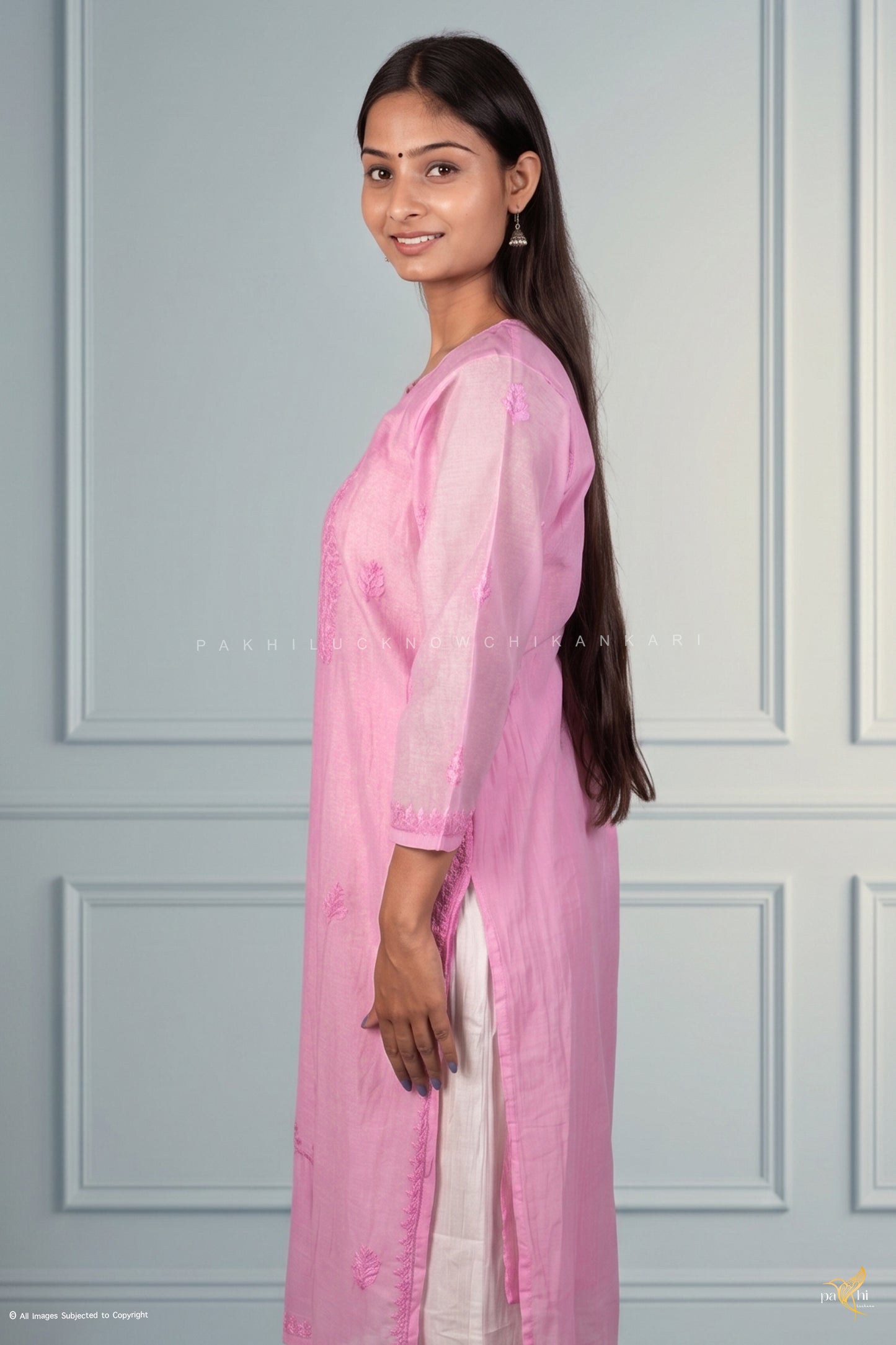 Lilac Pink Organza-Chanderi Self-Tonal Chikankari Long Kurti