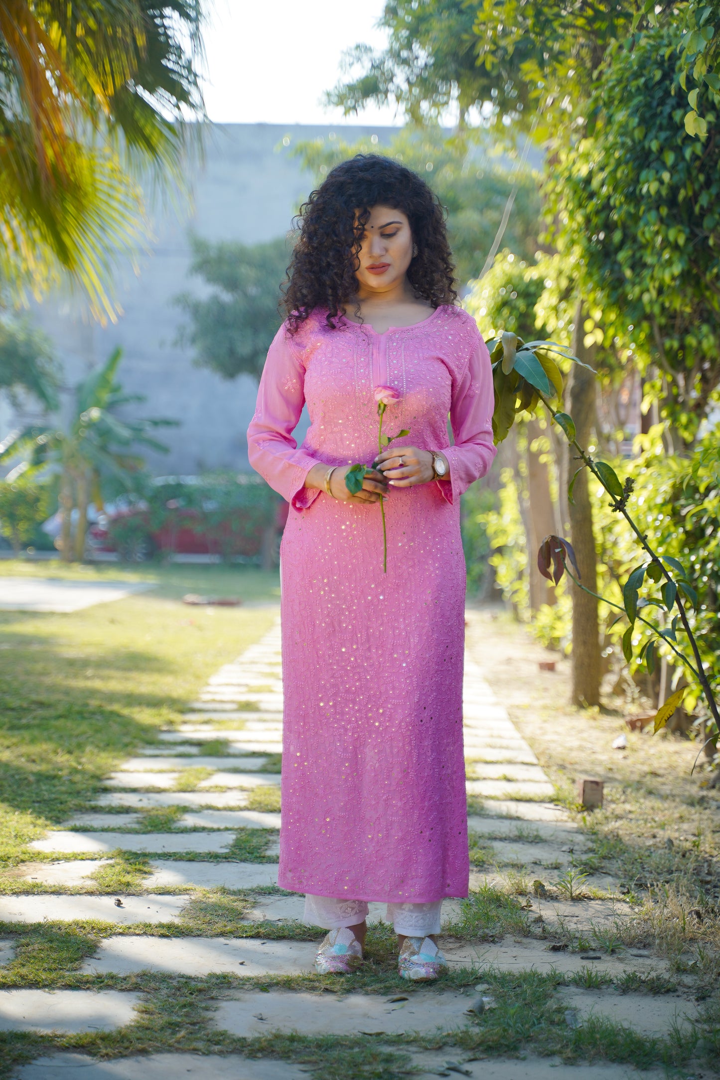 Georgette long Chikankari kurti with Mukaish embellishments