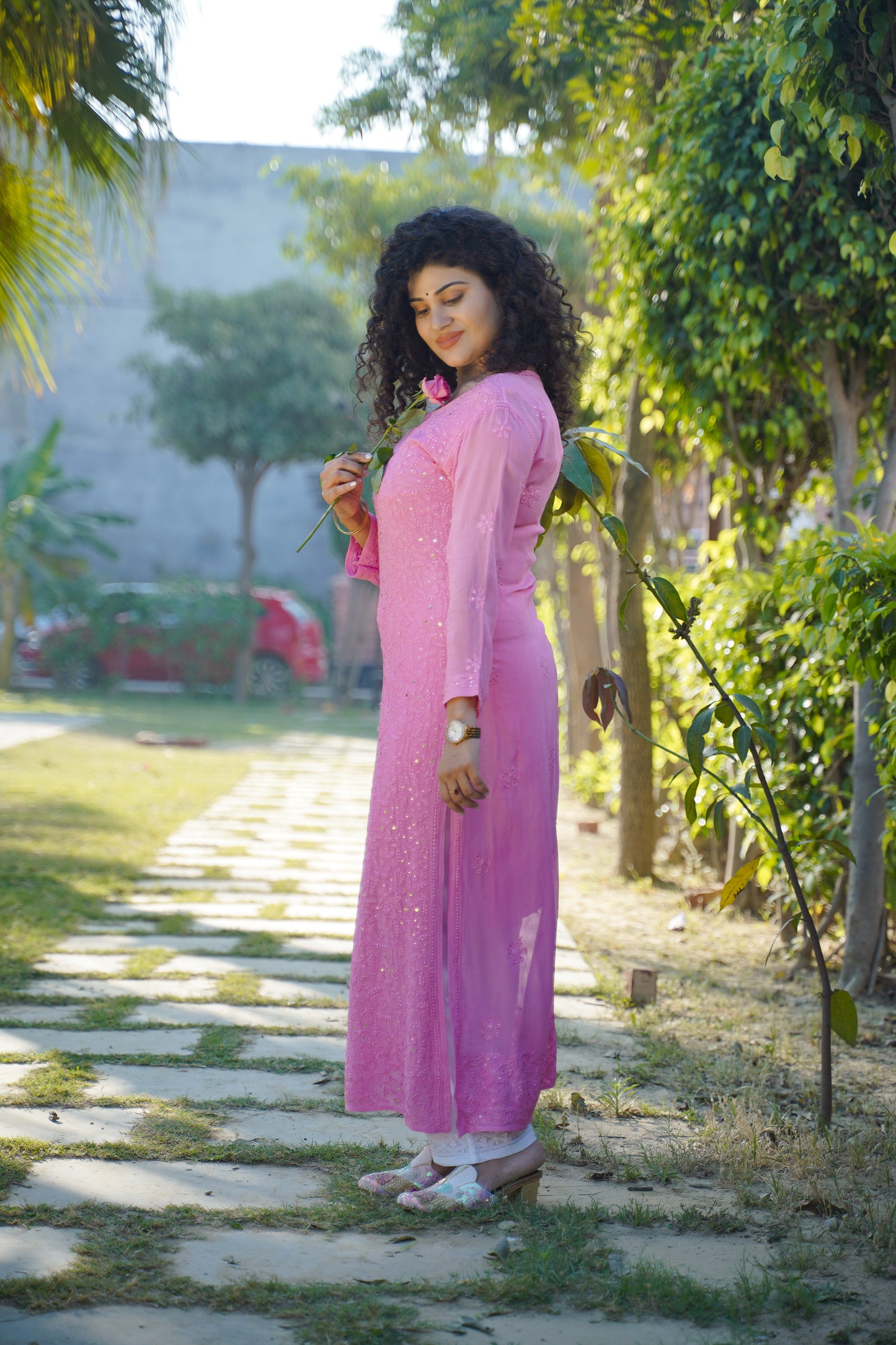 Georgette long Chikankari kurti with Mukaish embellishments
