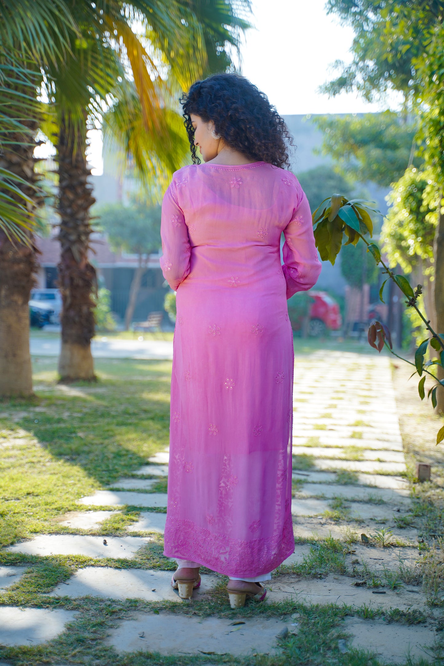 Georgette long Chikankari kurti with Mukaish embellishments