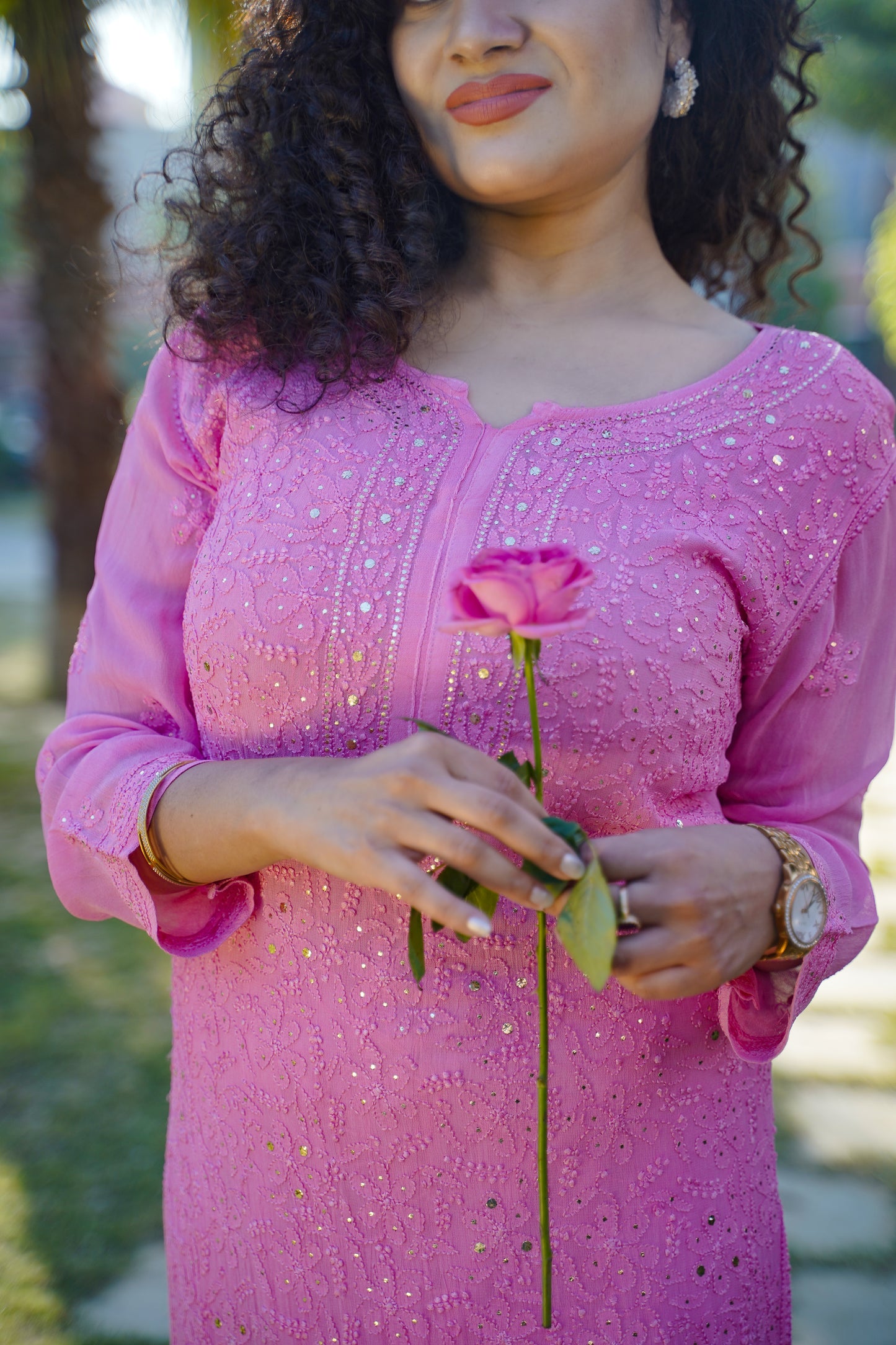 Georgette long Chikankari kurti with Mukaish embellishments