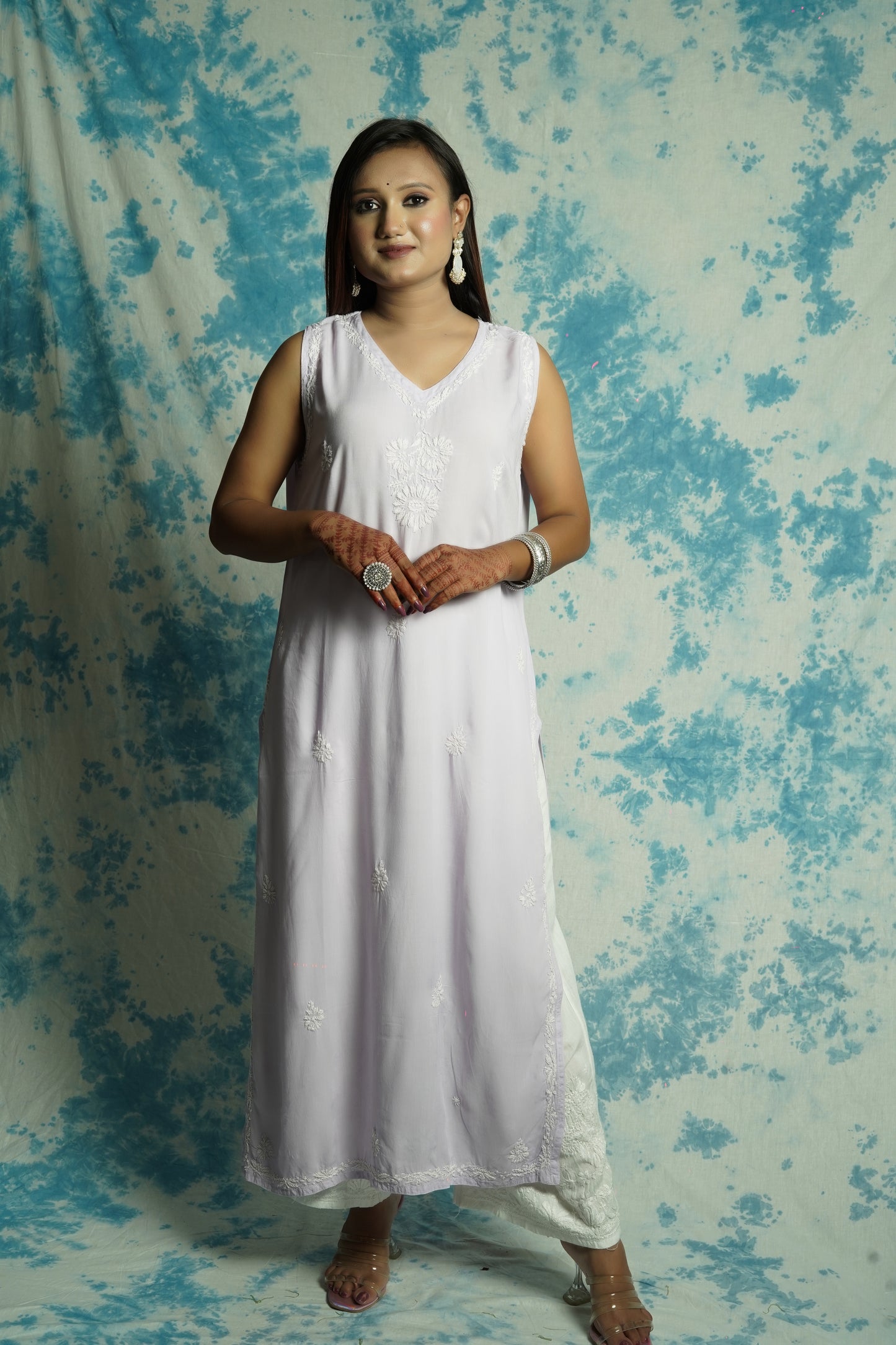 Long Muslin Chikankari sleeveless kurti