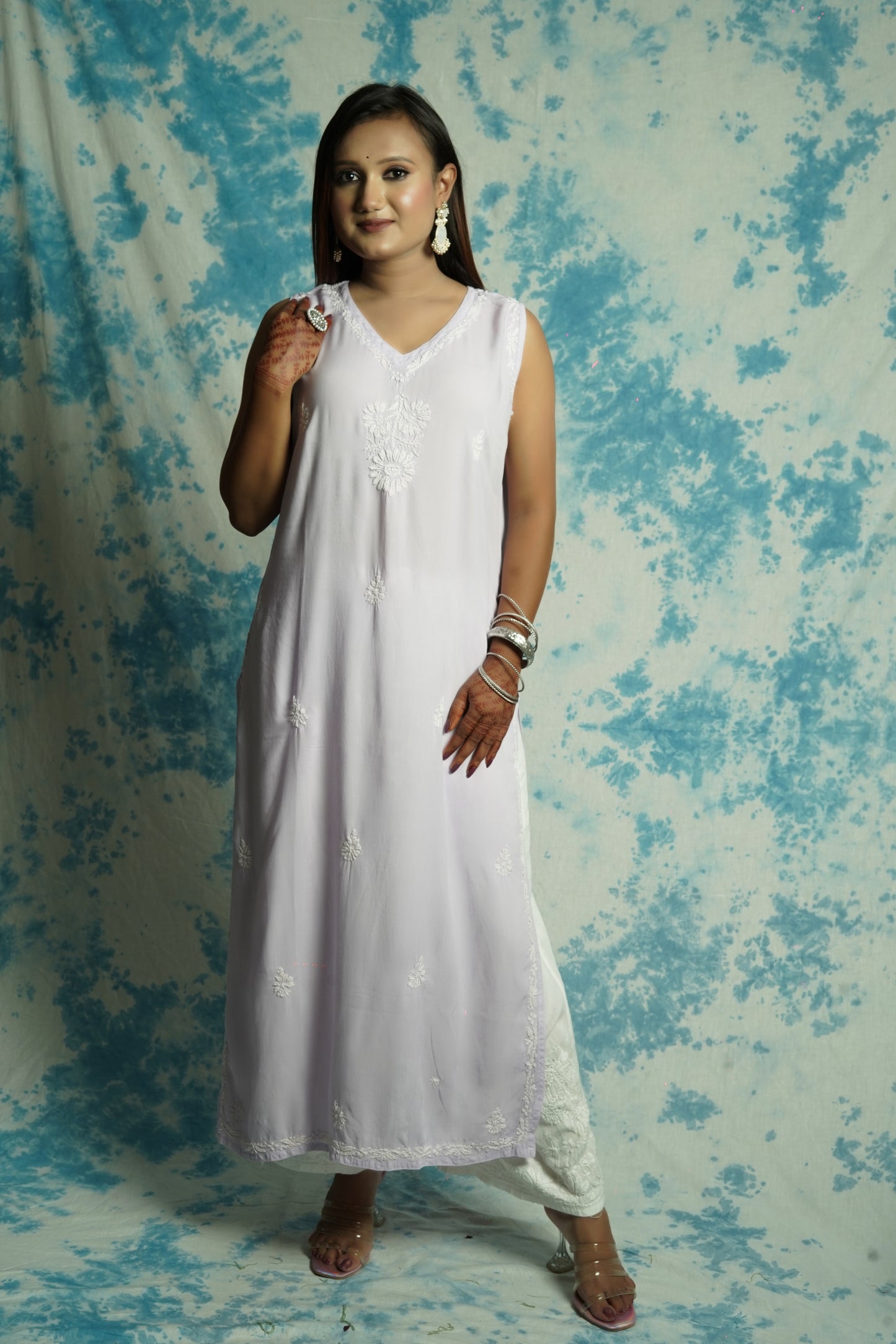 Long Muslin Chikankari sleeveless kurti