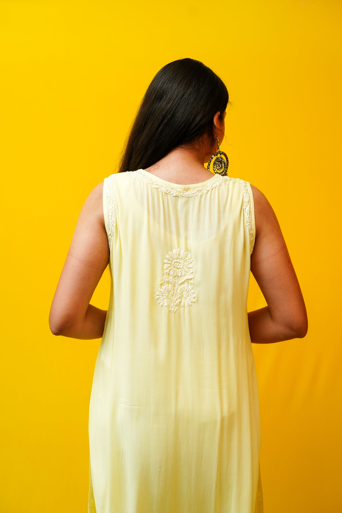 Long Muslin Chikankari sleeveless kurti
