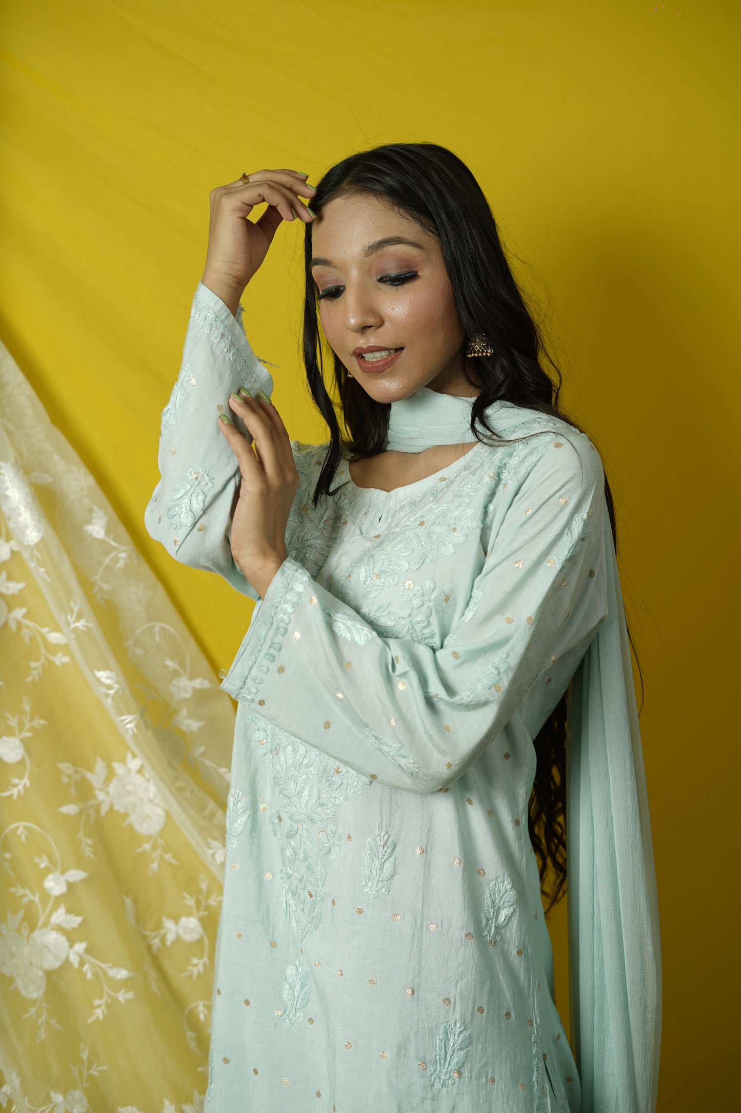Chanderi Brocade Chikankari kurta dupatta set