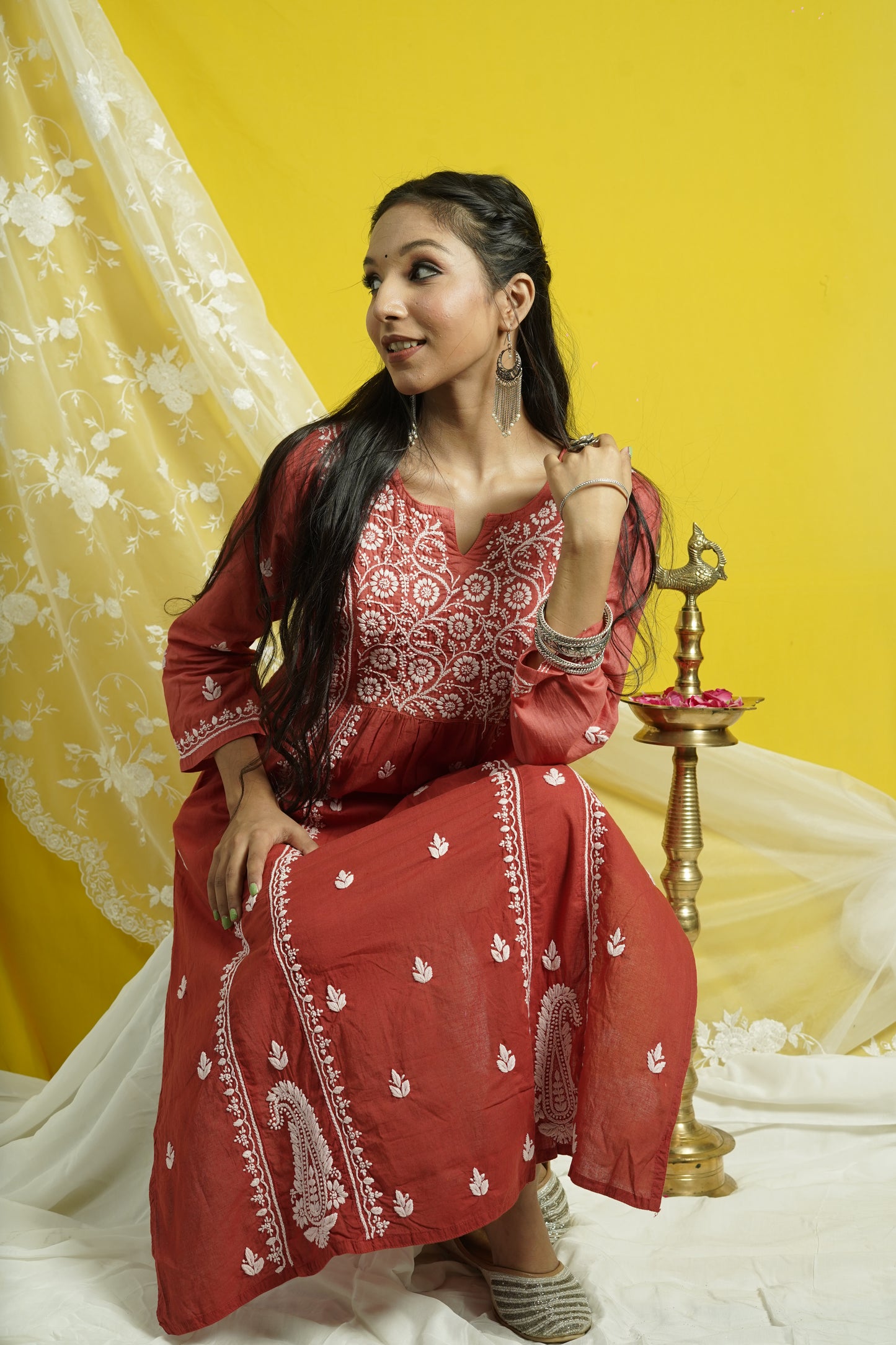 Cotton Chikankari Kalidar Long Kurti