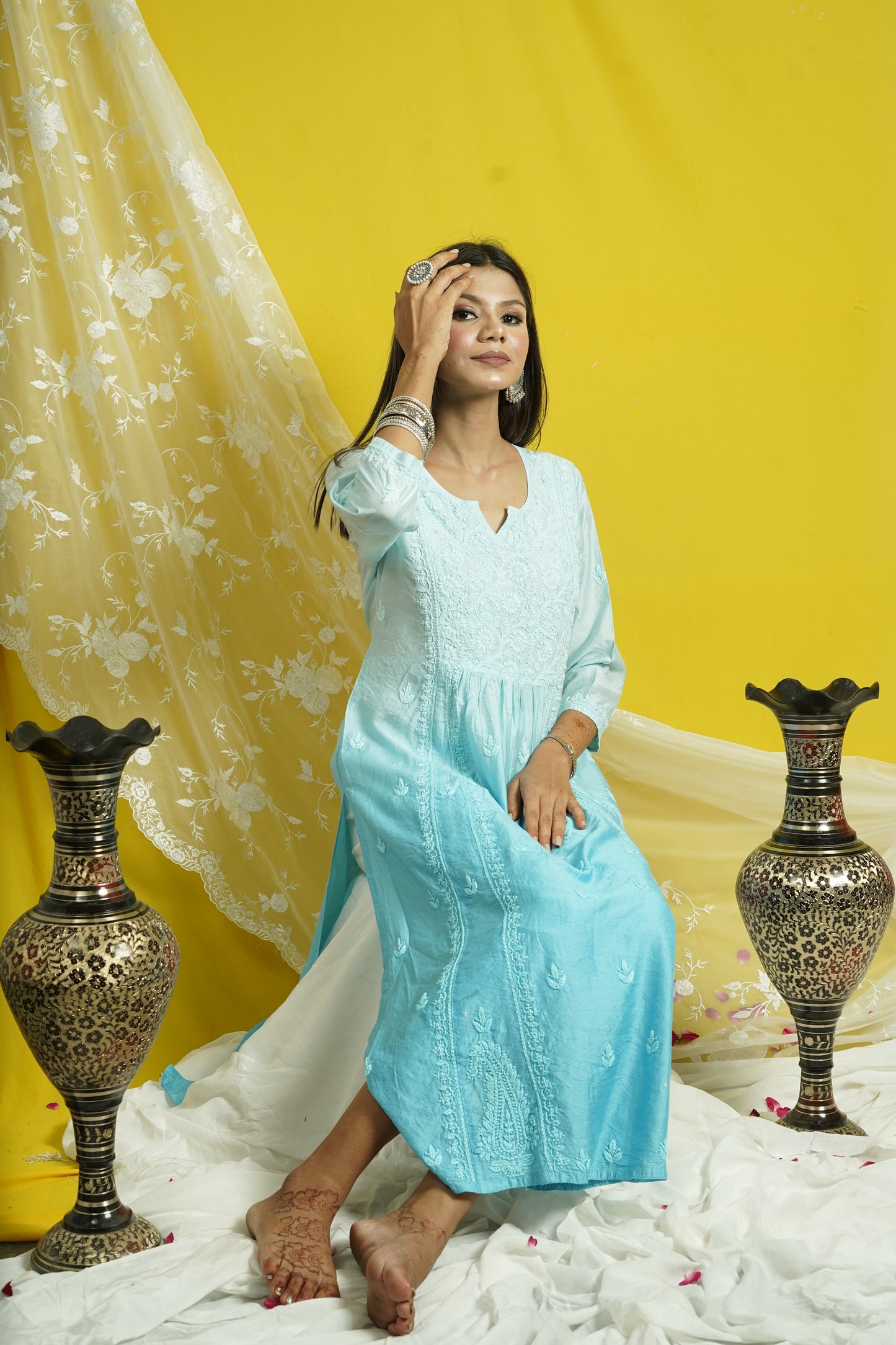 Chanderi Chikankari Long Kalidaar Kurti