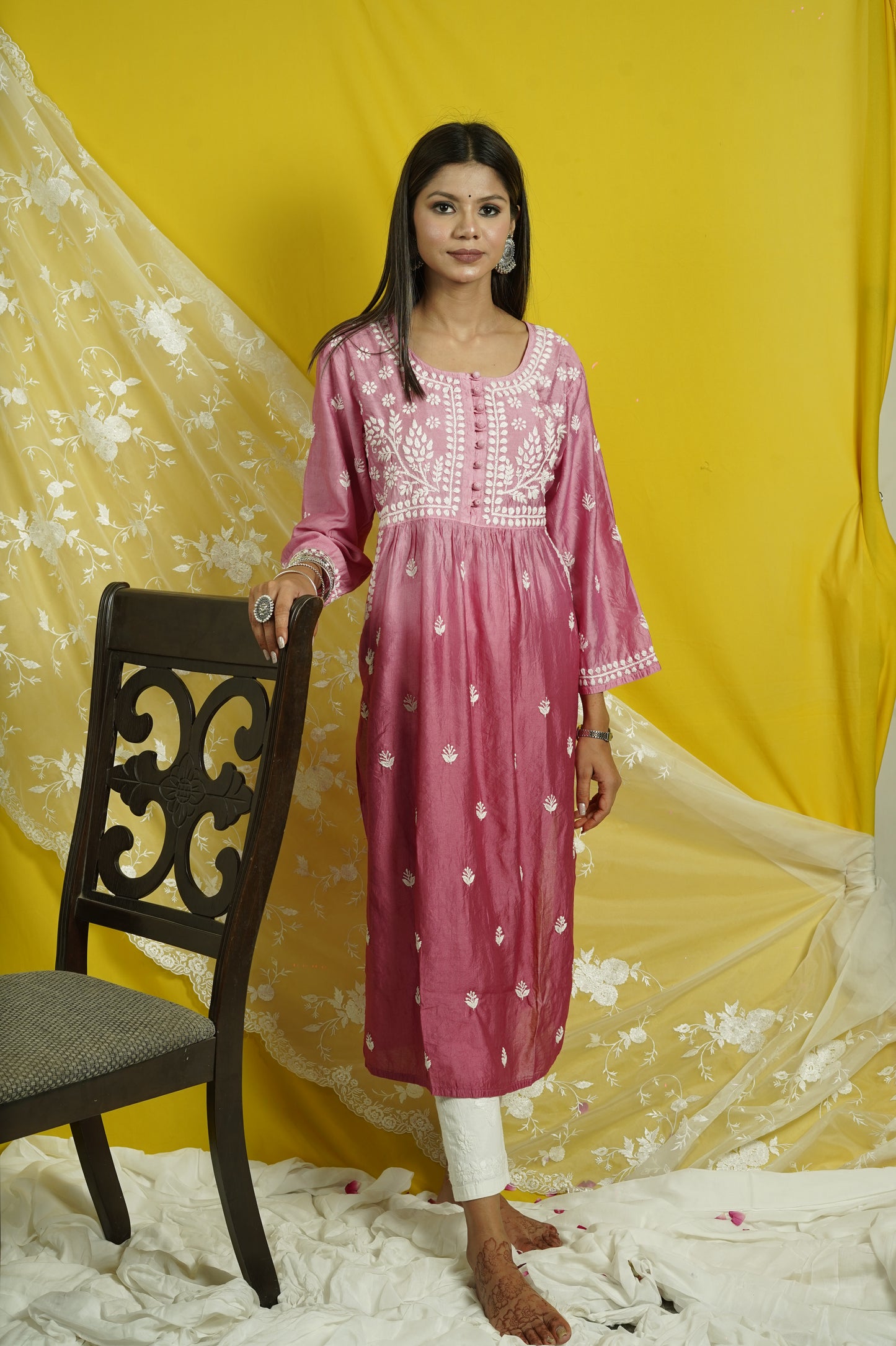 Chanderi Chikankari long kurti with pockets.