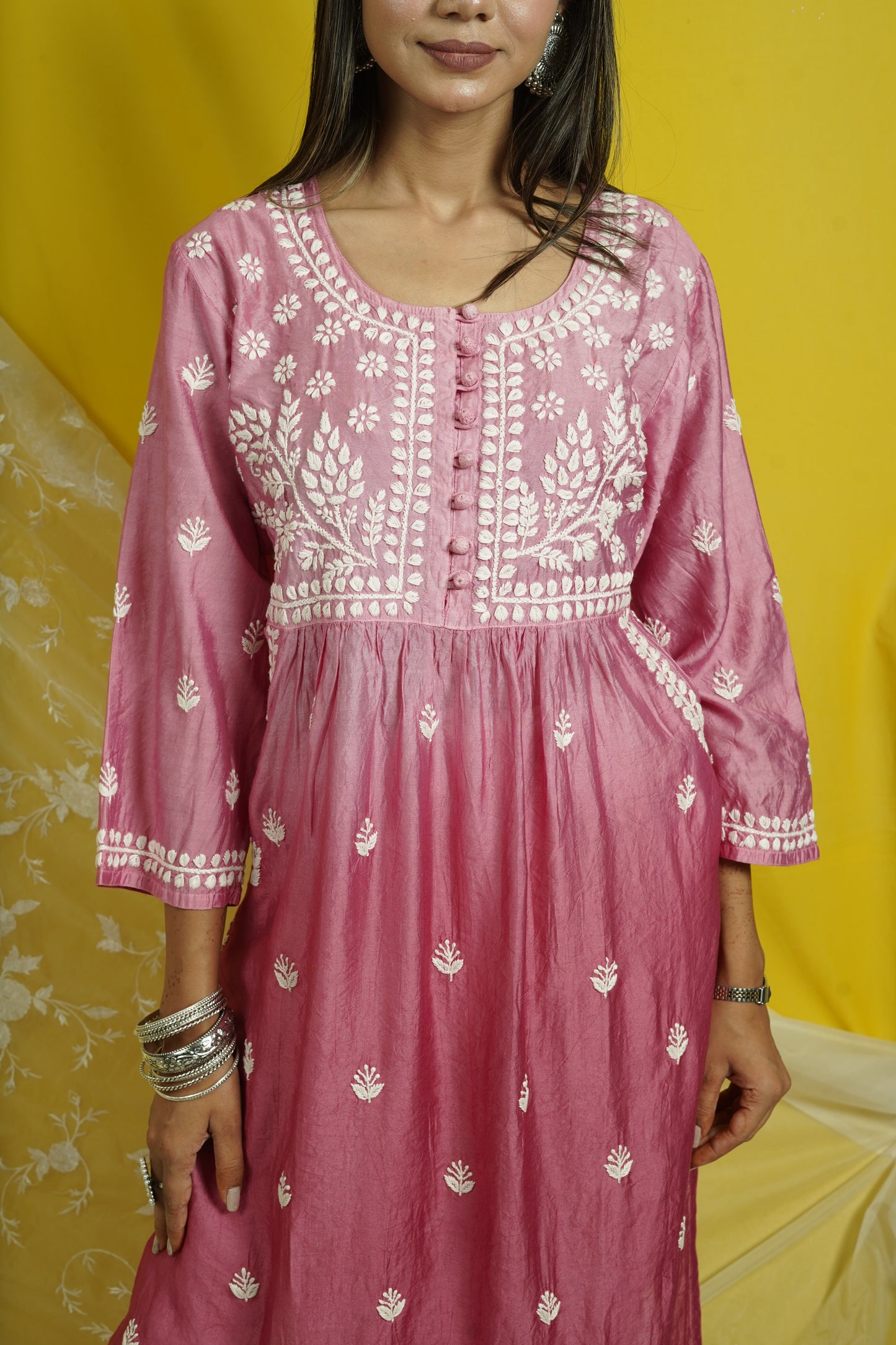 Chanderi Chikankari long kurti with pockets.