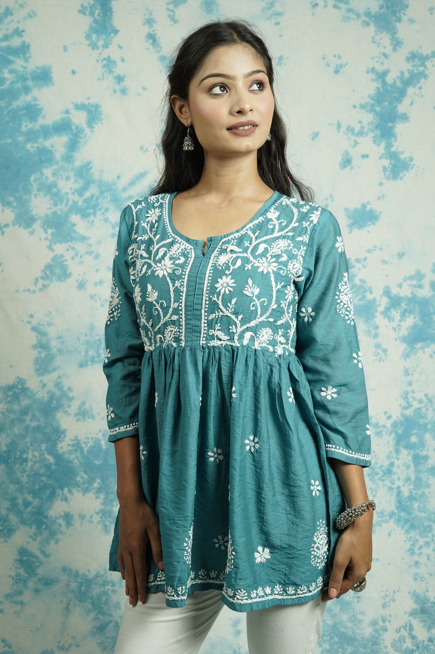 Chanderi Chikankari fit and flare short kurti