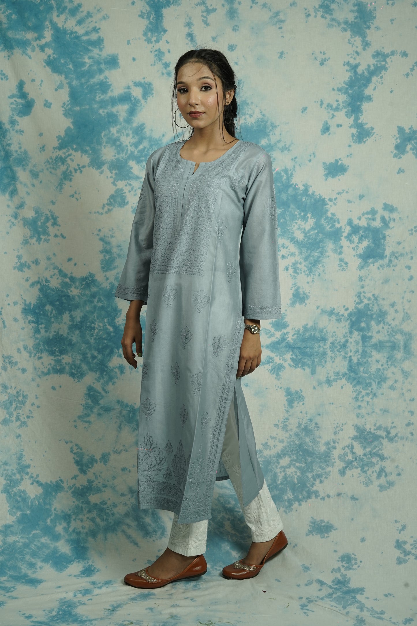 Chanderi Chikankari Straight Long Kurti