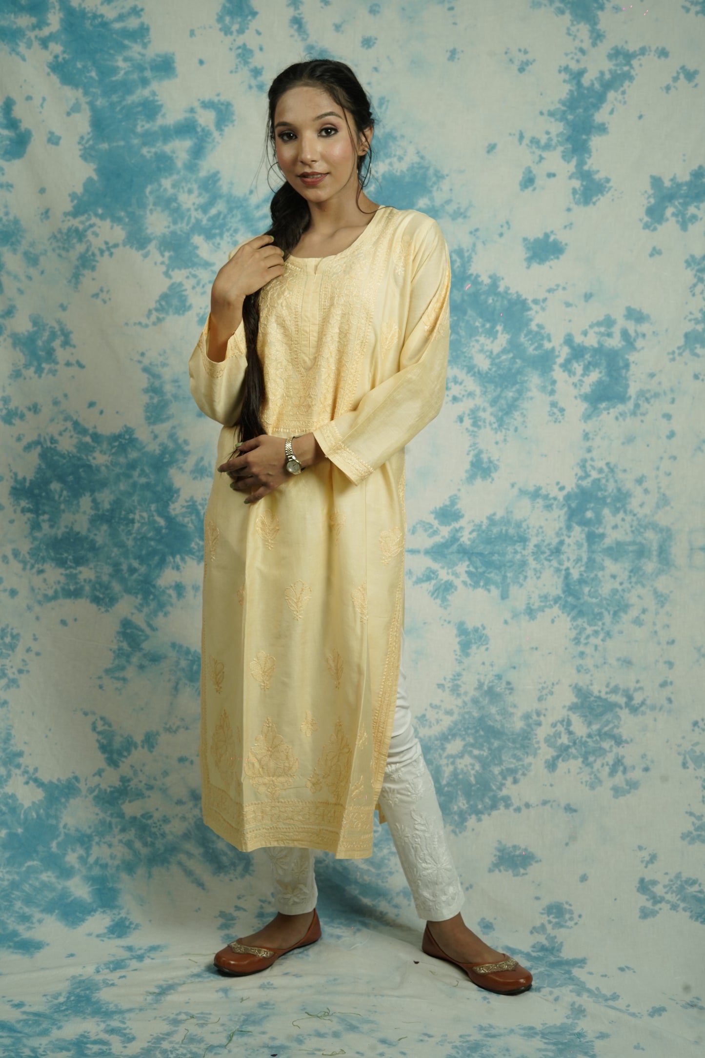 Chanderi Chikankari Straight Long Kurti