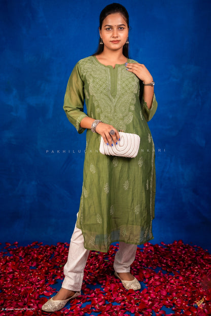 Green Mul-Chanderi Chikankari Long Kurti