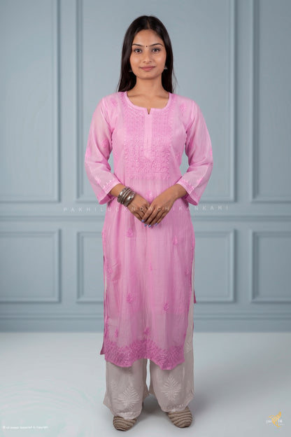Lilac Pink Organza-Chanderi Self-Tonal Chikankari Long Kurti