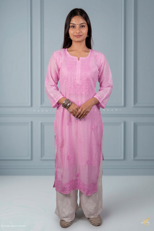 Lilac Pink Organza-Chanderi Self-Tonal Chikankari Long Kurti