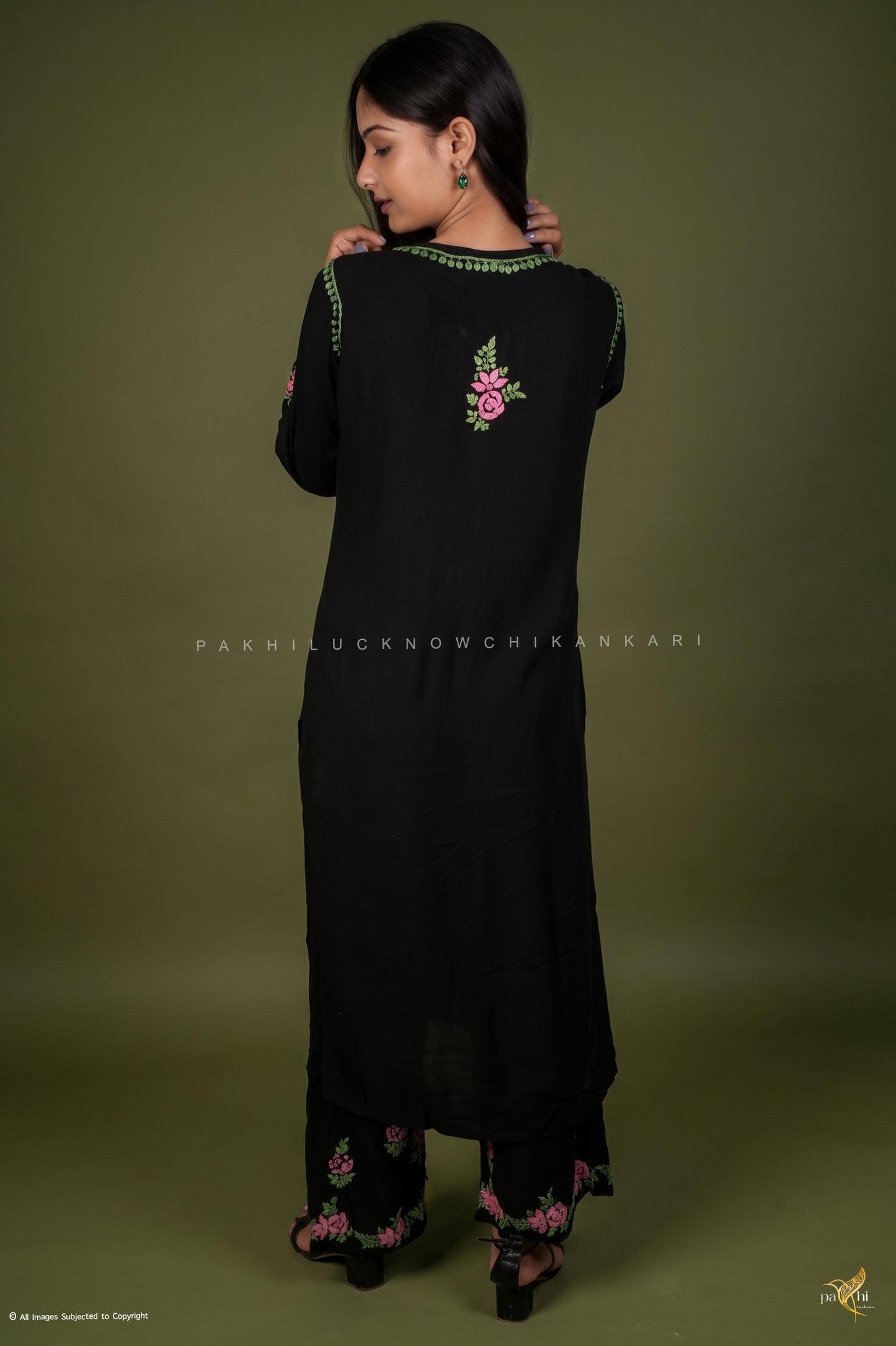 Black Rayon Chikankari Kurti-Palazzo Set