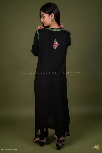 Black Rayon Chikankari Kurti-Palazzo Set