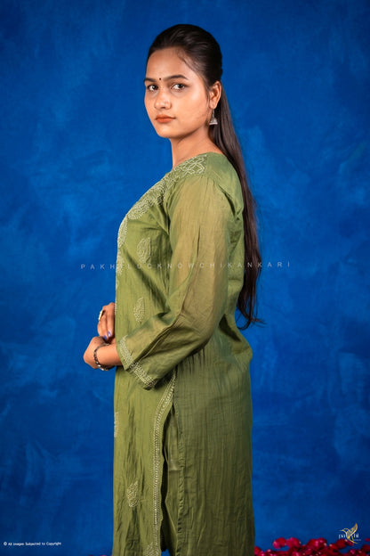 Green Mul-Chanderi Chikankari Long Kurti