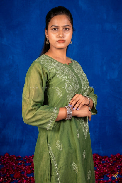 Green Mul-Chanderi Chikankari Long Kurti