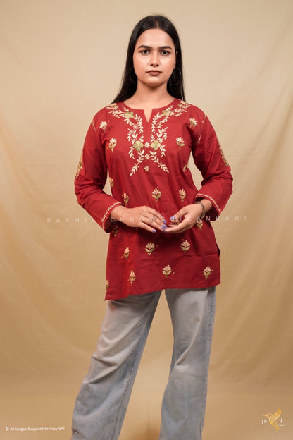 Deep Red Chikankari Kurti