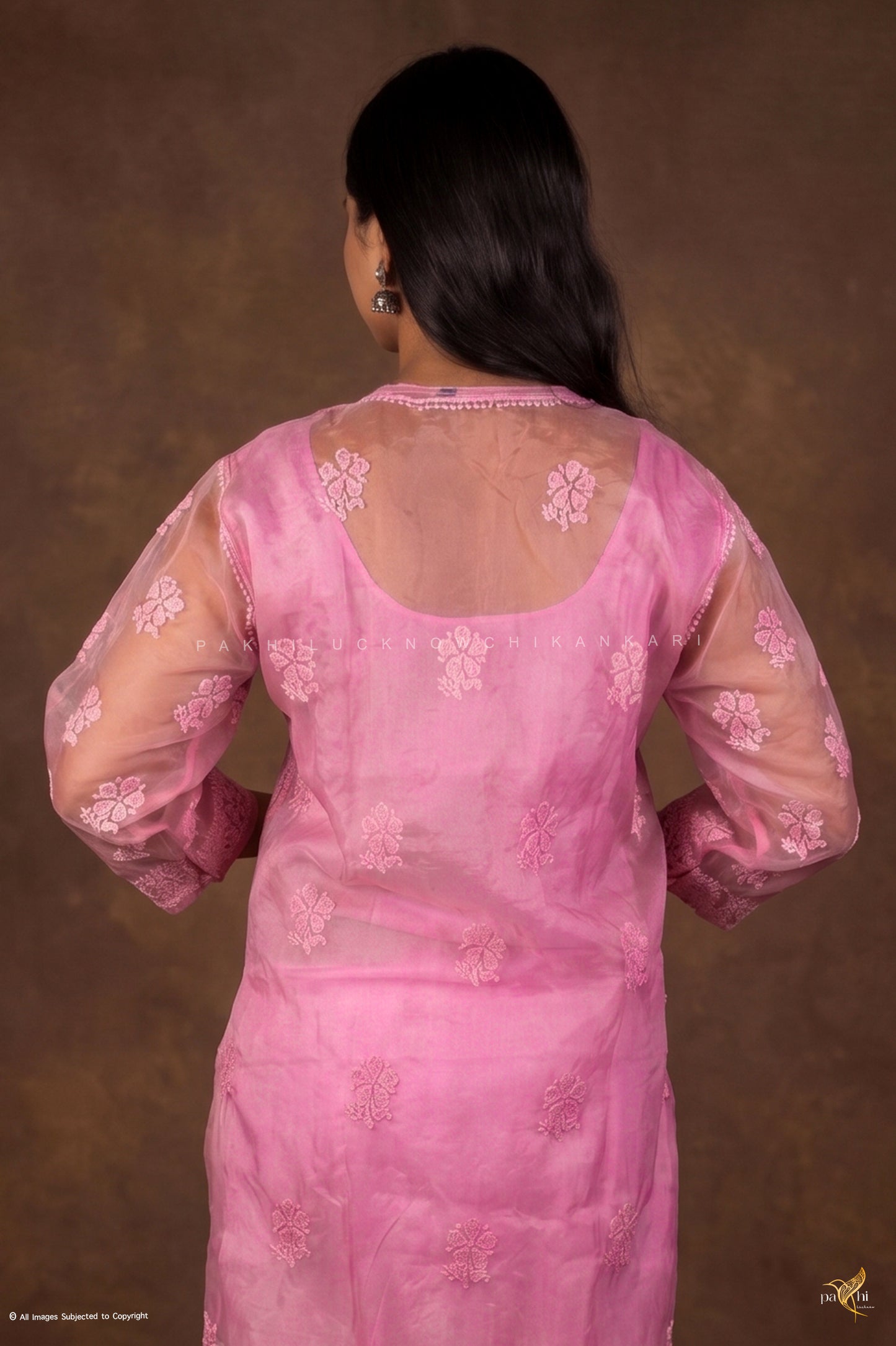 Hot Pink Organza Self-Tonal Chikankari Kurti