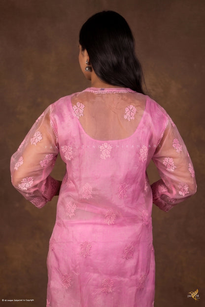Hot Pink Organza Self-Tonal Chikankari Kurti