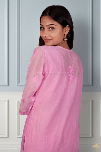 Lilac Pink Organza-Chanderi Self-Tonal Chikankari Long Kurti