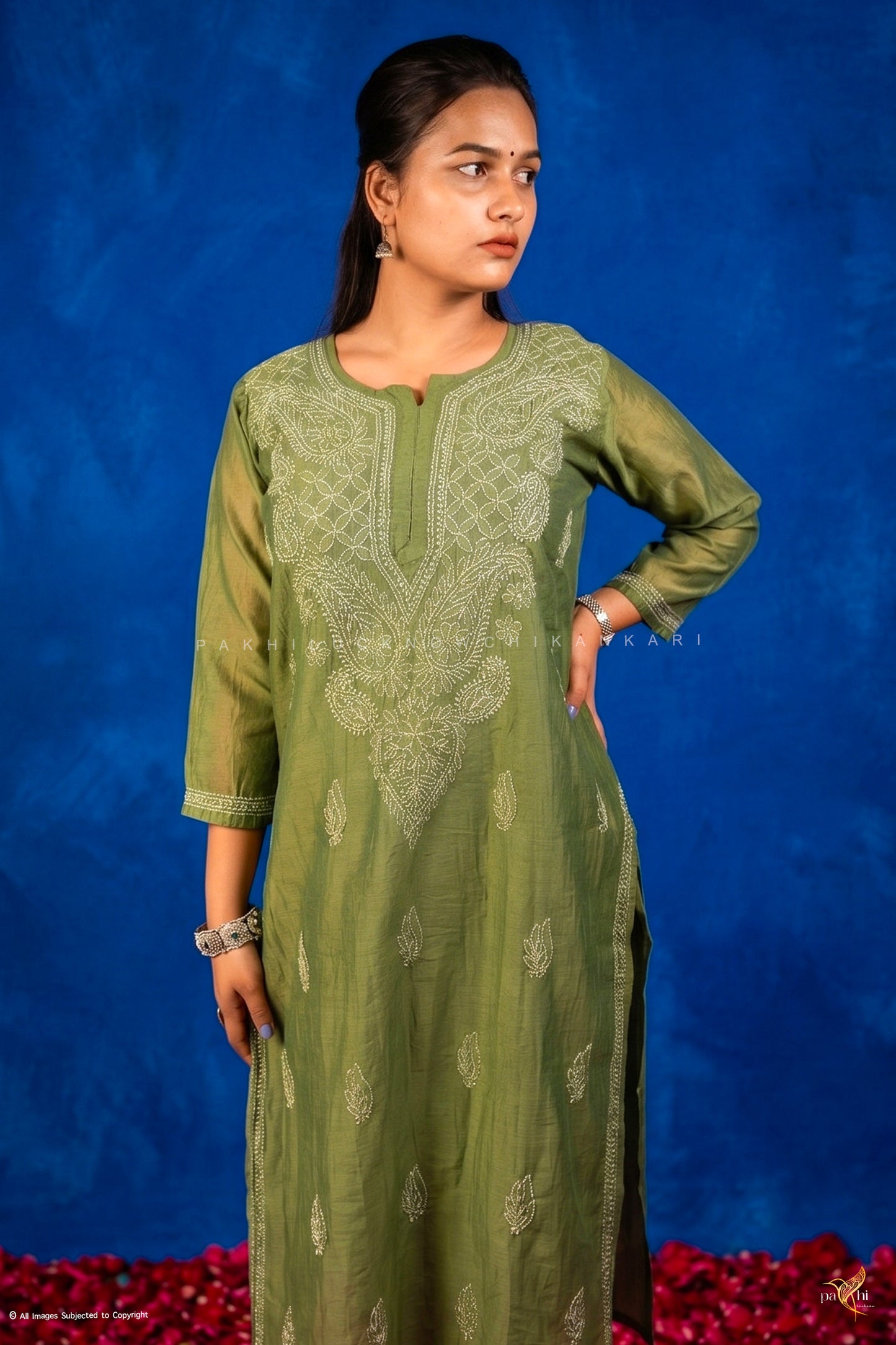 Green Mul-Chanderi Chikankari Long Kurti