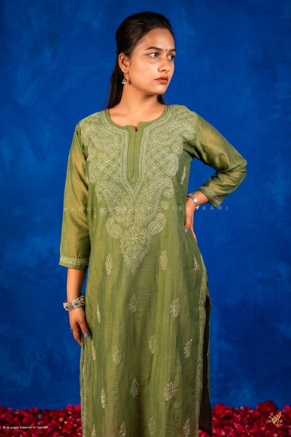 Green Mul-Chanderi Chikankari Long Kurti