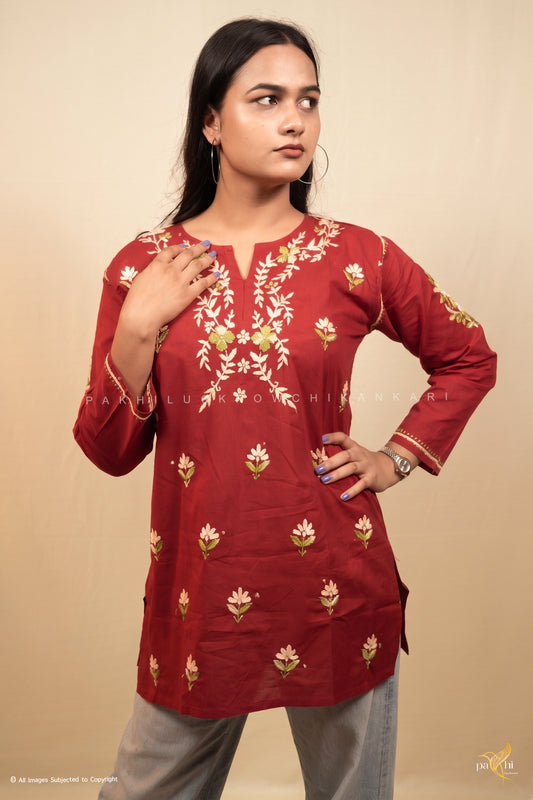 Deep Red Chikankari Kurti