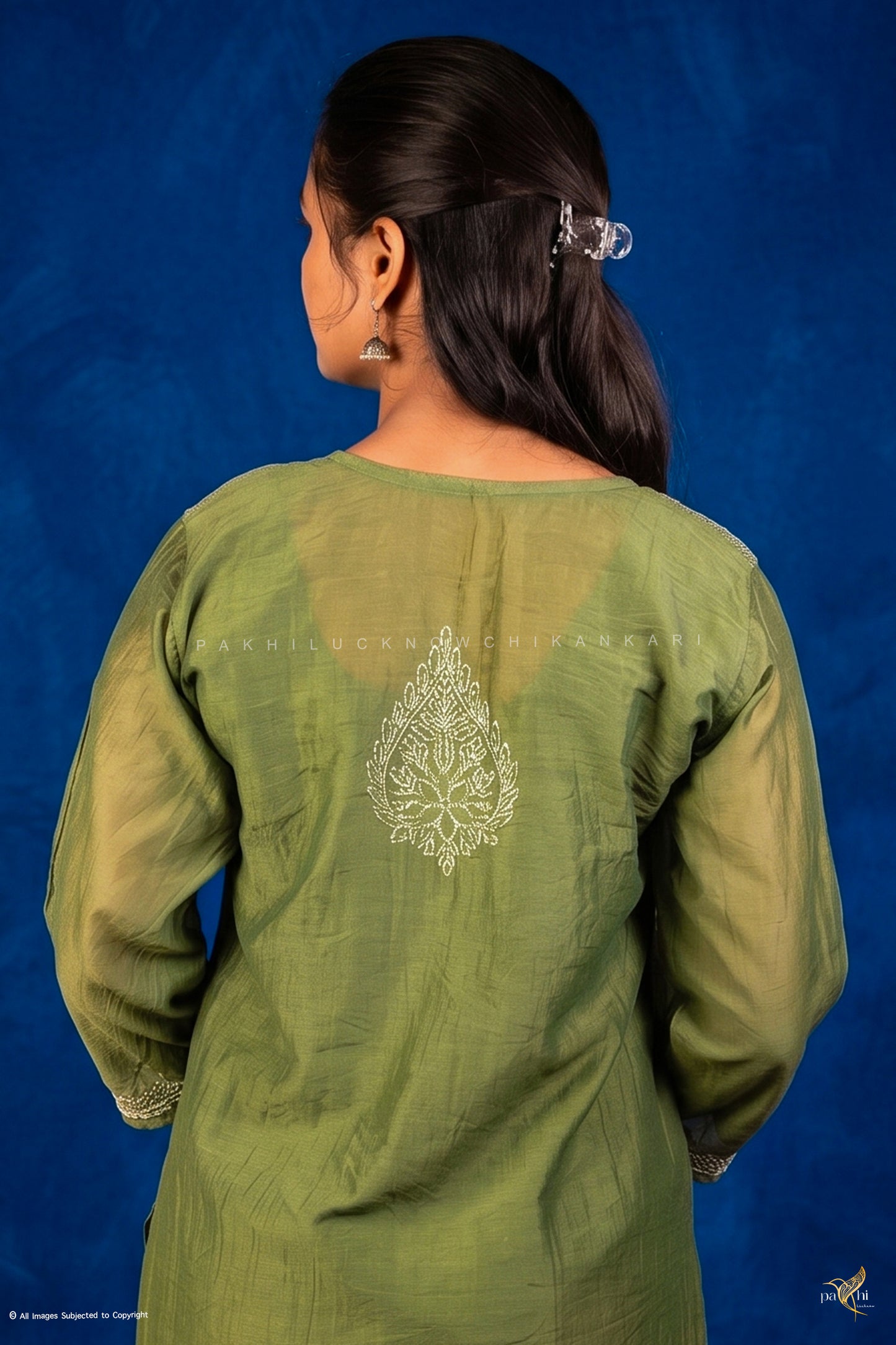 Green Mul-Chanderi Chikankari Long Kurti
