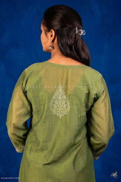 Green Mul-Chanderi Chikankari Long Kurti