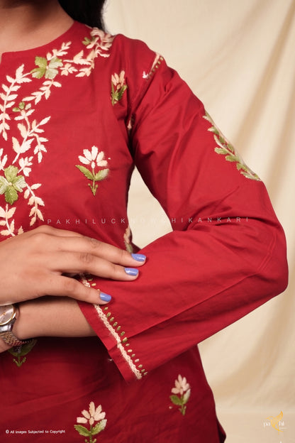 Deep Red Chikankari Kurti