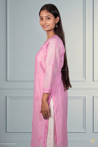 Lilac Pink Organza-Chanderi Self-Tonal Chikankari Long Kurti