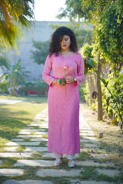 Georgette long Chikankari kurti with Mukaish embellishments