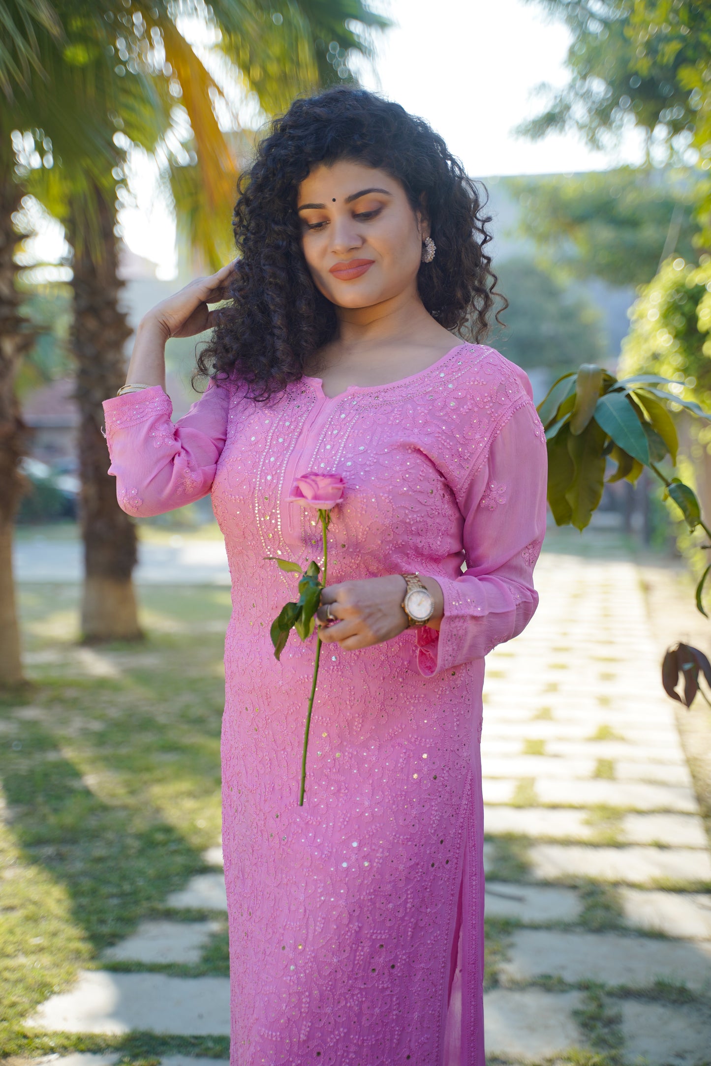 Georgette long Chikankari kurti with Mukaish embellishments