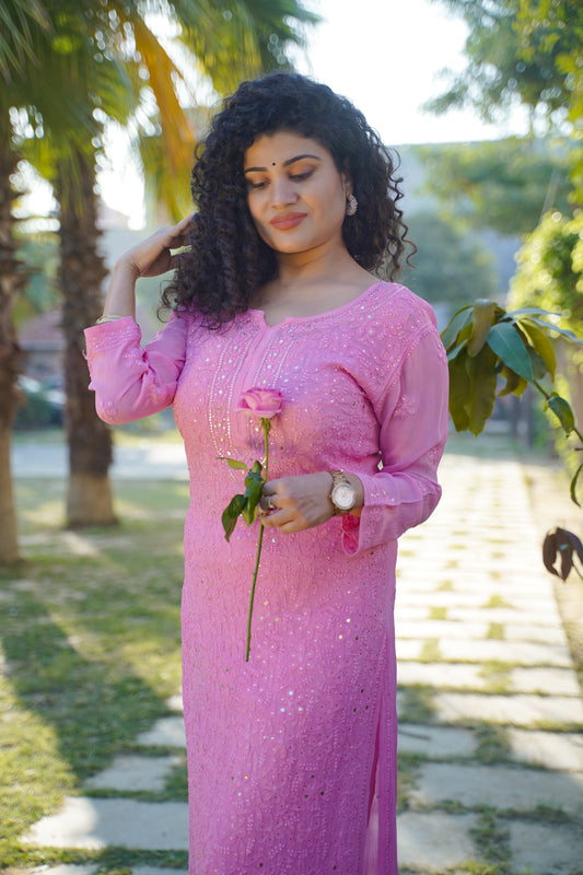 Georgette long Chikankari kurti with Mukaish embellishments