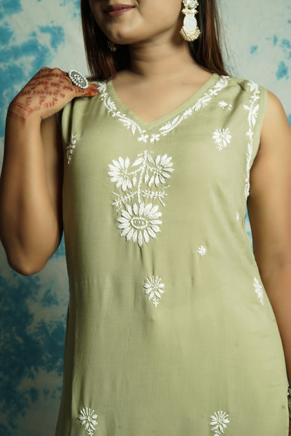 Long Muslin Chikankari sleeveless kurti