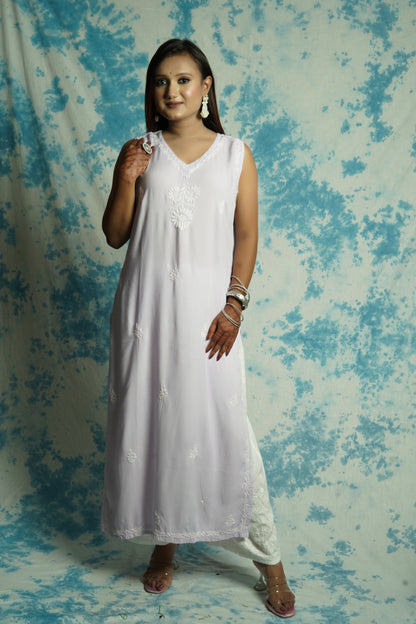 Long Muslin Chikankari sleeveless kurti
