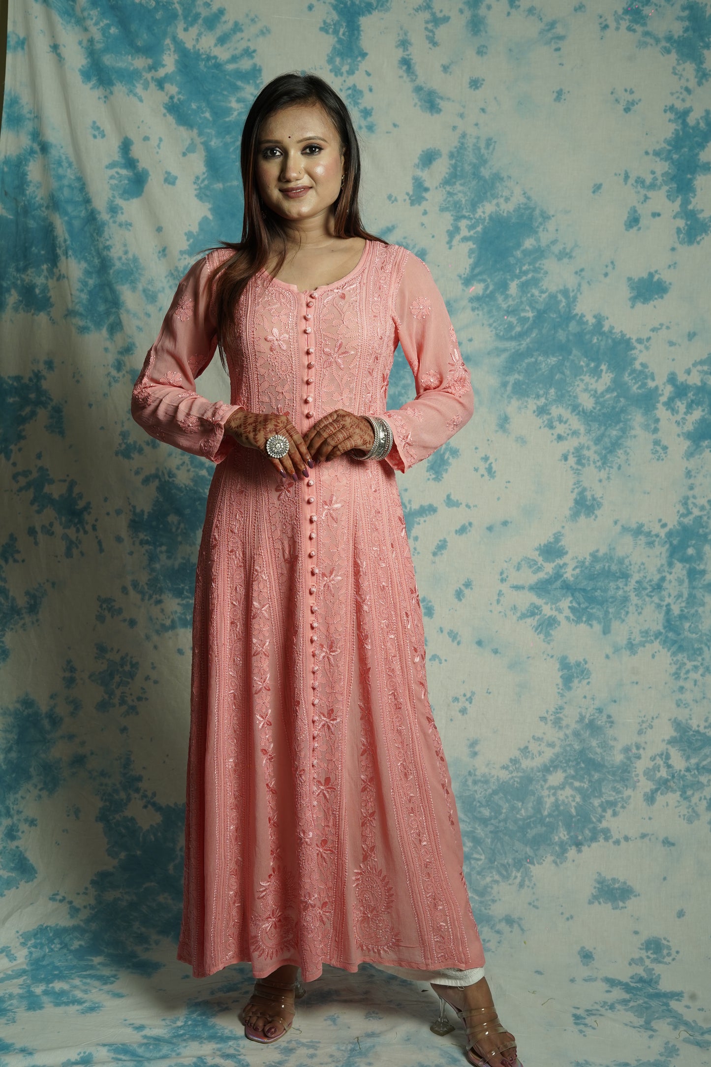 Georgette Long all over Chikankari Kalidar Kurti