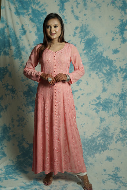 Georgette Long all over Chikankari Kalidar Kurti