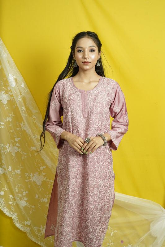 Chanderi Chikankari Long Straight Kurti