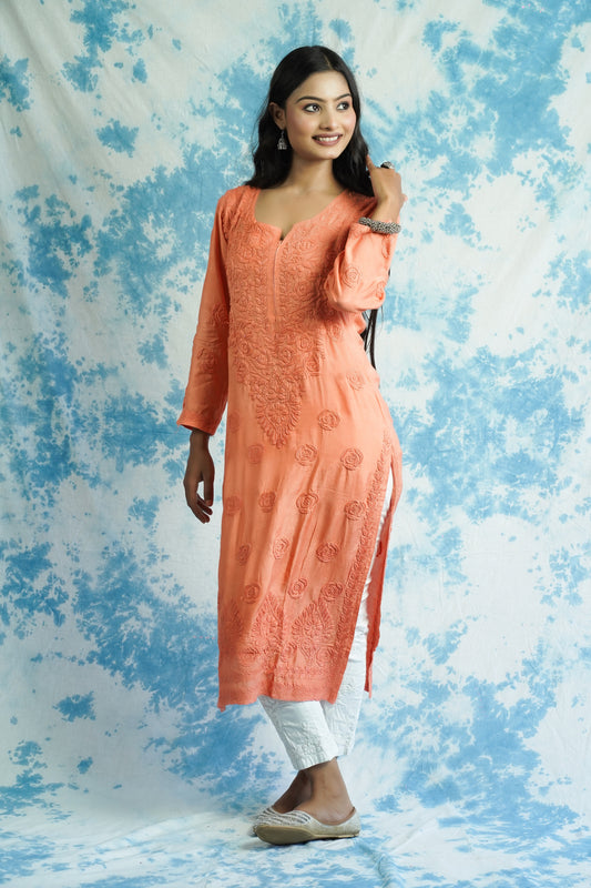 Muslin Silk Long Chikankari Kurti