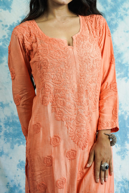 Muslin Silk Long Chikankari Kurti