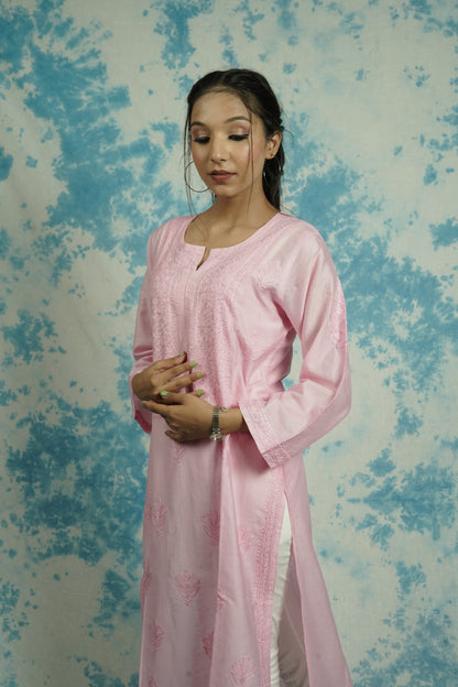 Chanderi Chikankari Straight Long Kurti