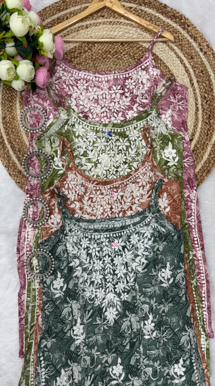 Rayon printed Noodle strap chikankari kurti
