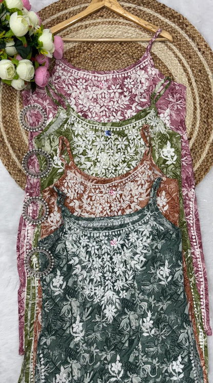 Rayon printed Noodle strap chikankari kurti